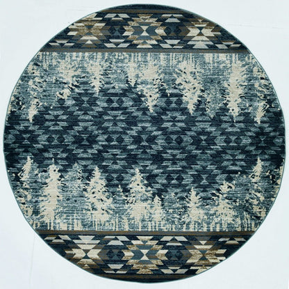 8' Slate Blue And Ivory Southwestern Round Rug