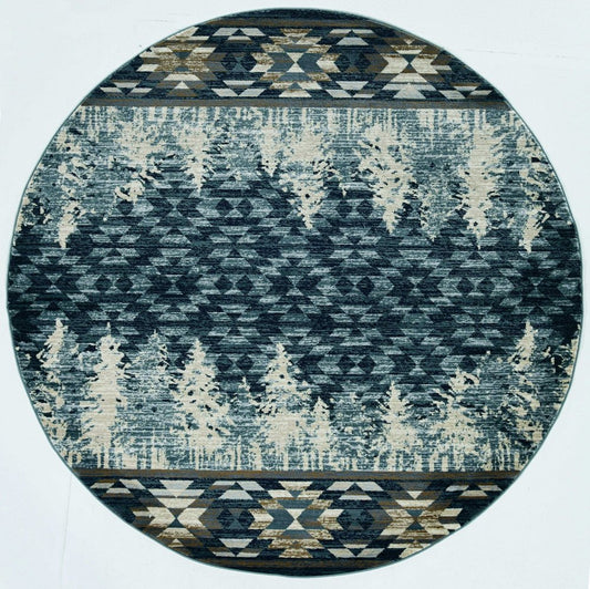 8' Slate Blue And Ivory Southwestern Round Rug