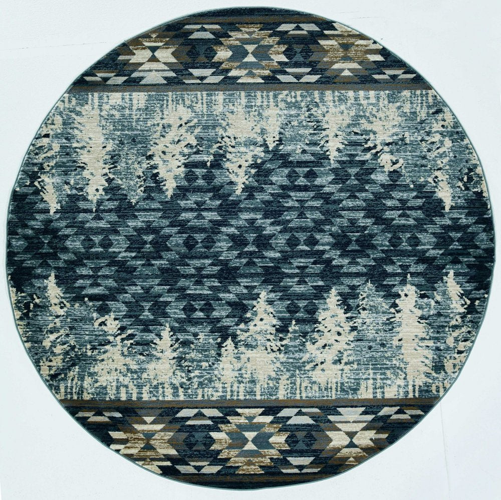 8' Slate Blue And Ivory Southwestern Round Rug