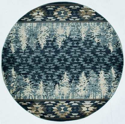 8' Slate Blue And Ivory Southwestern Round Rug