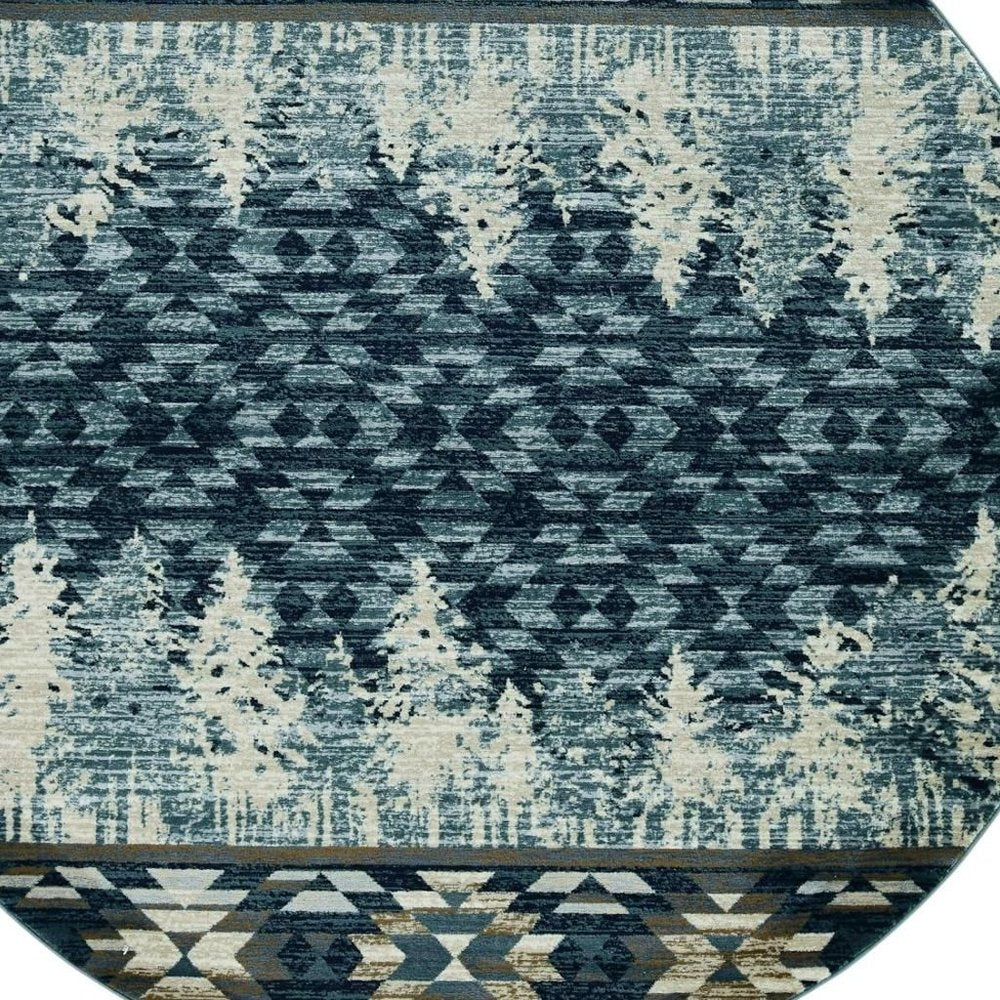 8' Slate Blue And Ivory Southwestern Round Rug