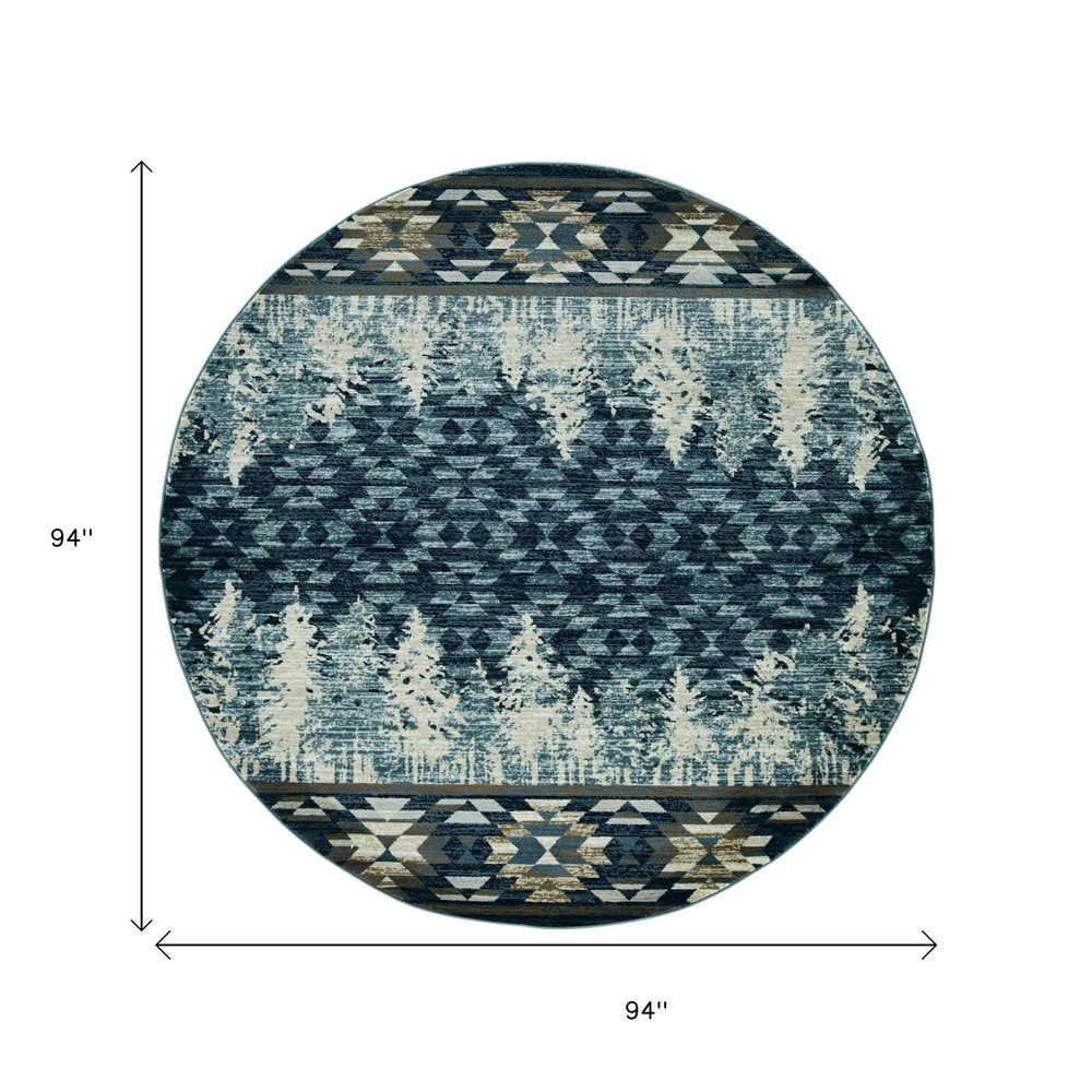 8' Slate Blue And Ivory Southwestern Round Rug