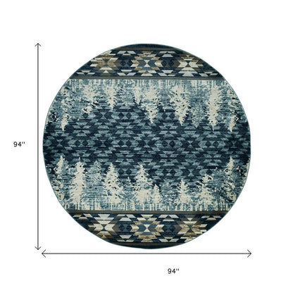 8' Slate Blue And Ivory Southwestern Round Rug