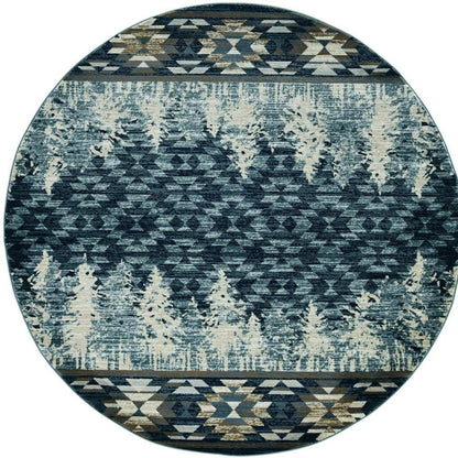 8' Slate Blue And Ivory Southwestern Round Rug