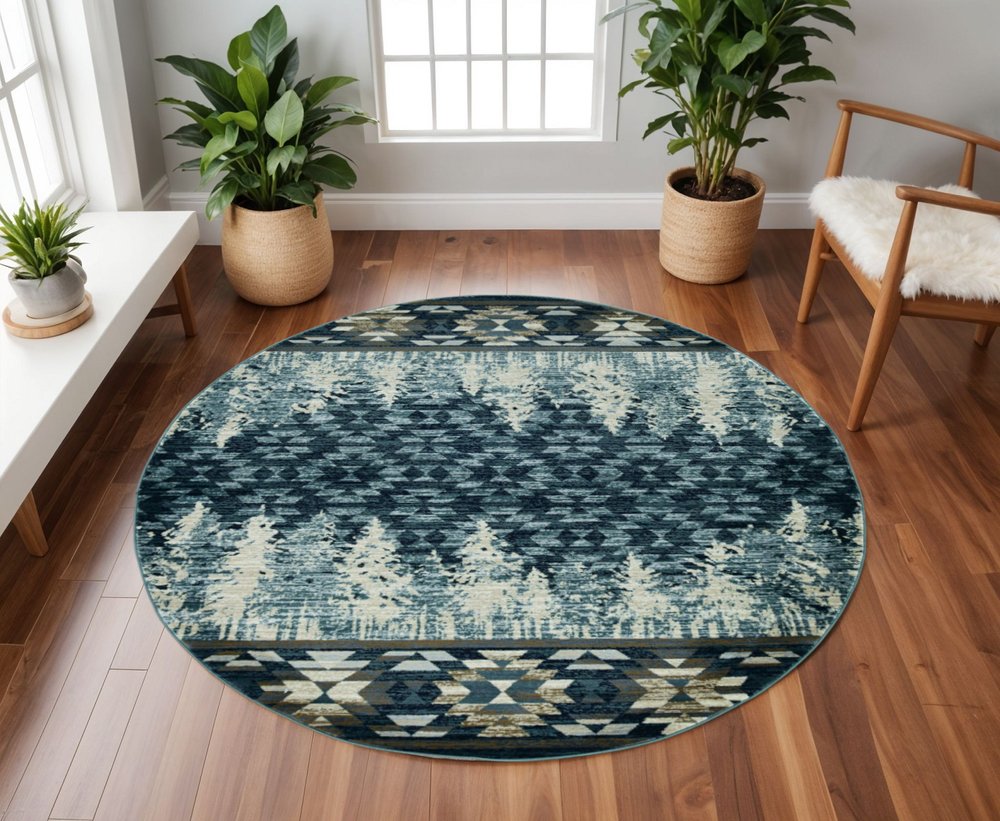8' Slate Blue And Ivory Southwestern Round Rug