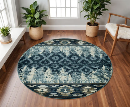 8' Slate Blue And Ivory Southwestern Round Rug
