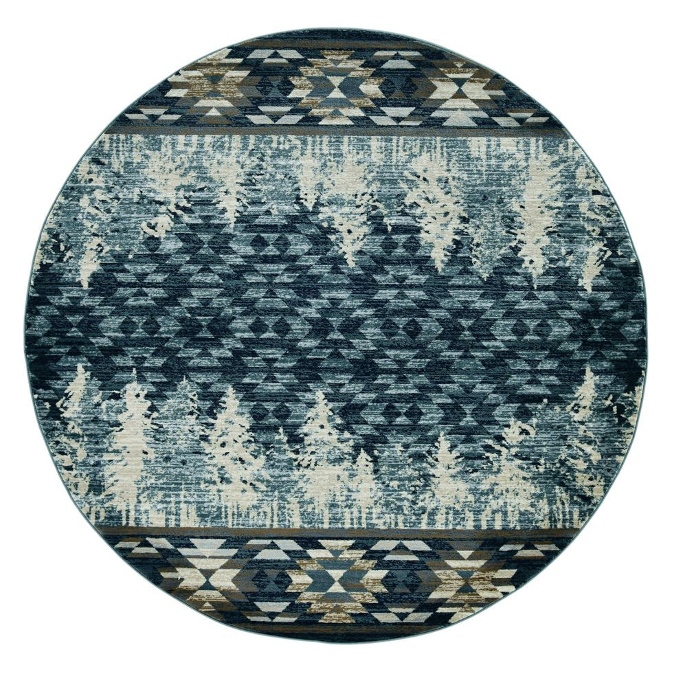 8' Slate Blue And Ivory Southwestern Round Rug