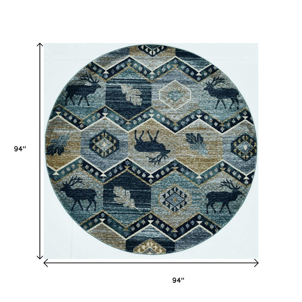 8' Blue And Green Woodland Lodge Round Rug