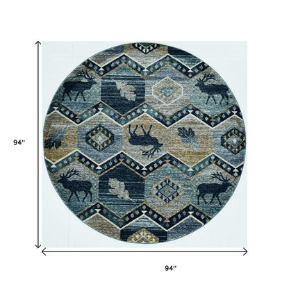 8' Blue And Green Woodland Lodge Round Rug