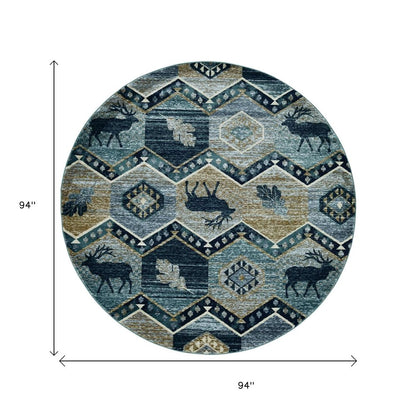8' Blue And Green Woodland Lodge Round Rug