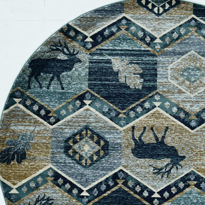 8' Blue And Green Woodland Lodge Round Rug