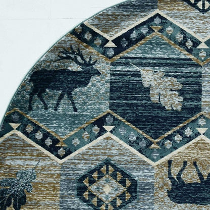 8' Blue And Green Woodland Lodge Round Rug