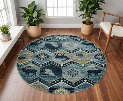 8' Blue And Green Woodland Lodge Round Rug