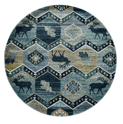 8' Blue And Green Woodland Lodge Round Rug
