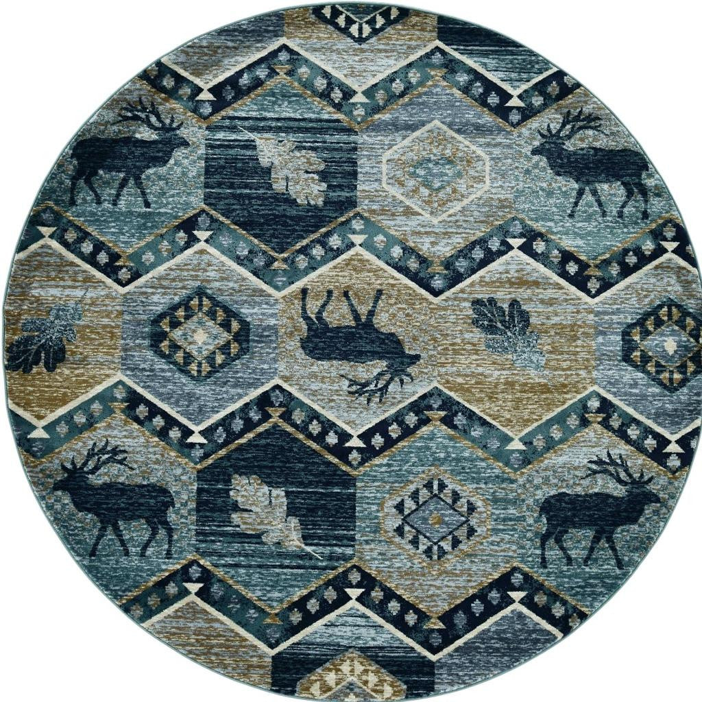 8' Blue And Green Woodland Lodge Round Rug