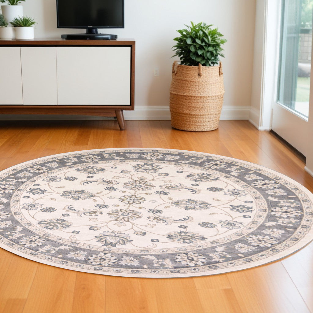 9' X 12' Ivory Grey Bordered Floral Indoor Area Rug