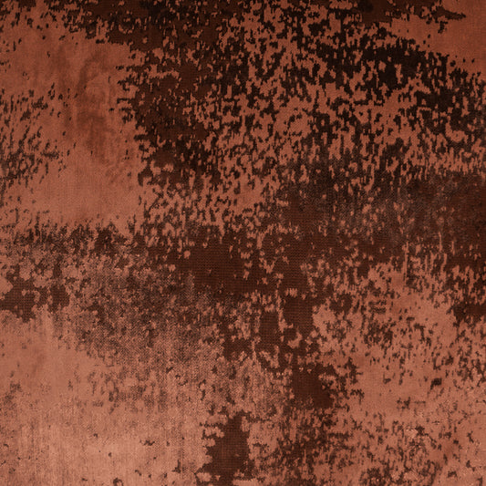 Rust-orange velvet fabric with dark brown mottled pattern; plush upholstery or drapery material.