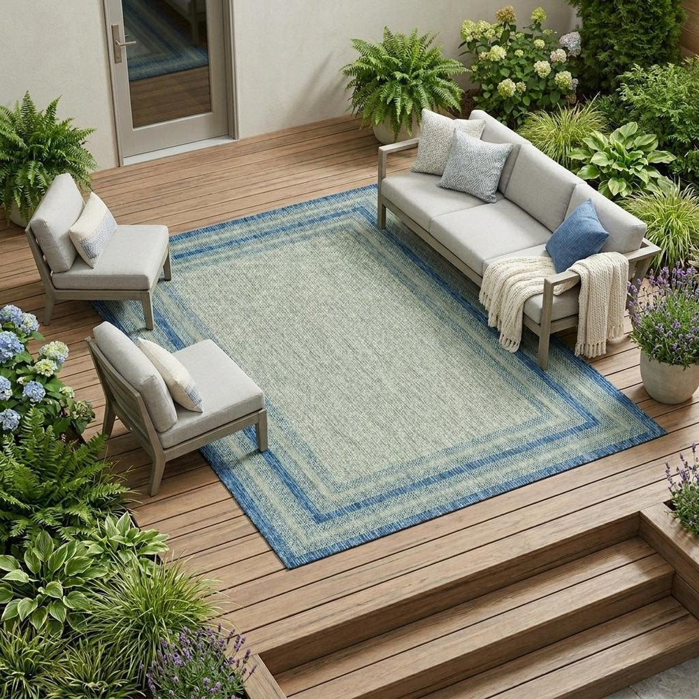 8' X 11' Blue And Gray Striped Indoor Outdoor Area Rug