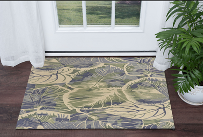2' X 10' Blue Or Green Oversized Leaves Wool Indoor Runner Rug