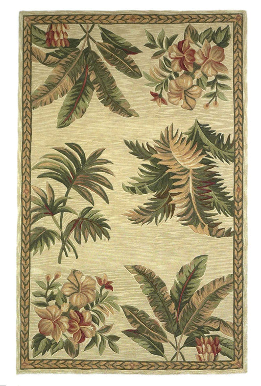 8' Ivory Hand Tufted Bordered Tropical Plants Round Indoor Area Rug