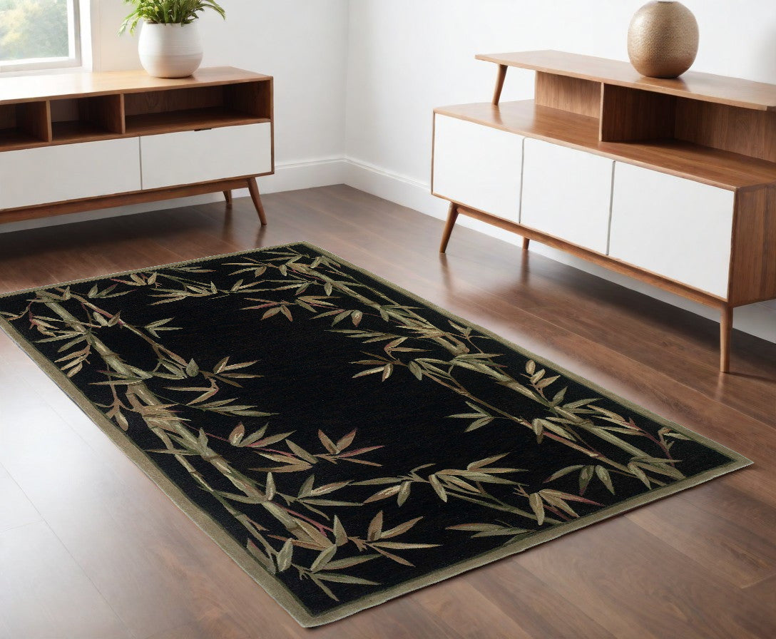 10' Black Hand Tufted Bordered Tropical Bamboo Indoor Runner Rug