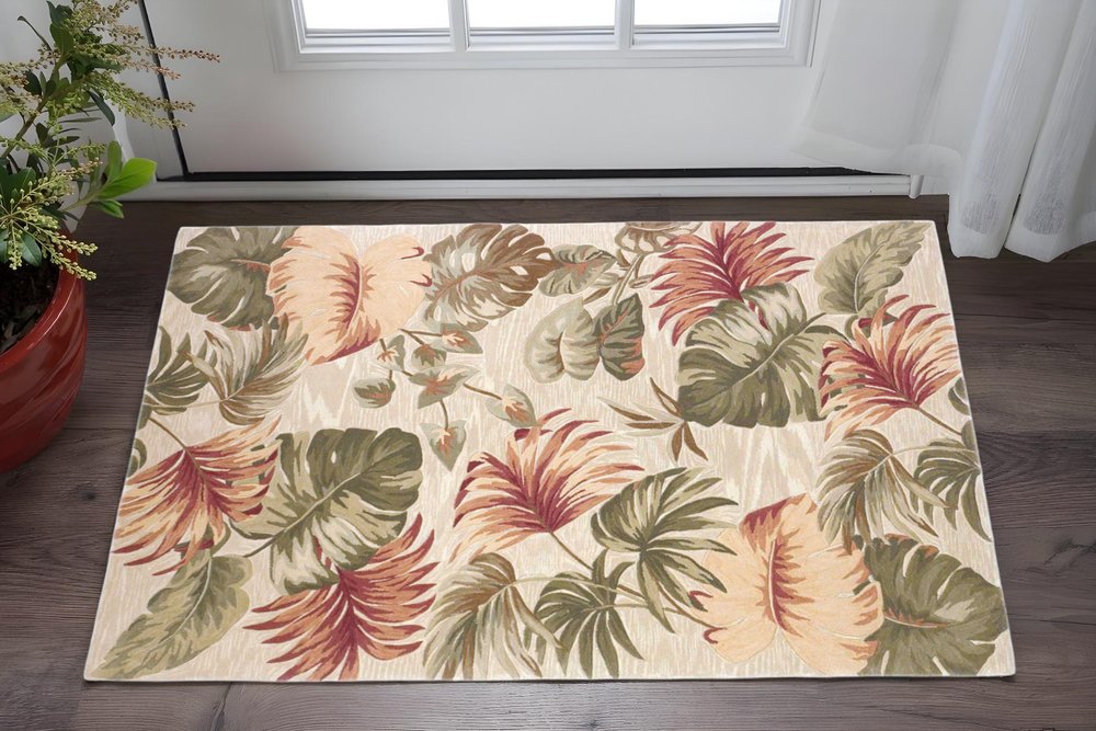 10' Beige Green And Pink Wool Botanical Leaves Hand Tufted Runner Rug