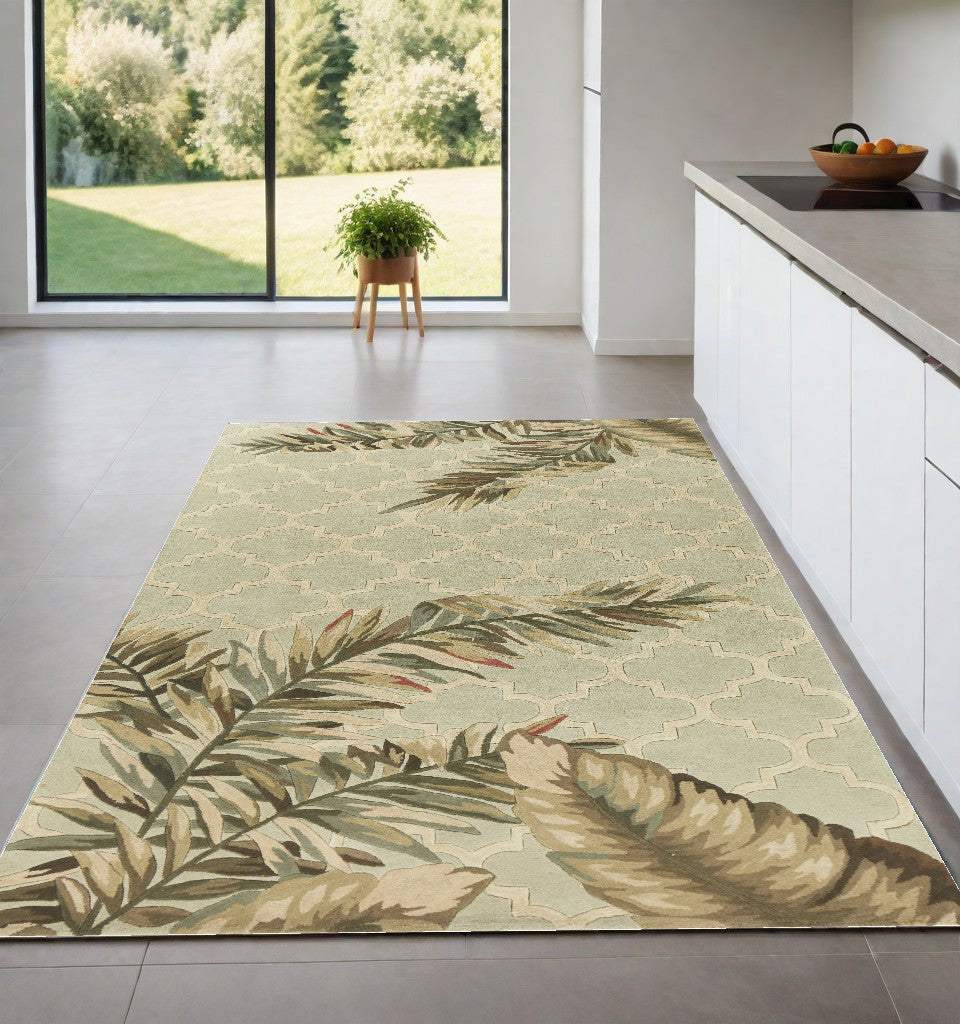 9' X 12' Sage Green Hand Tufted Tropical Quatrefoil Indoor Area Rug