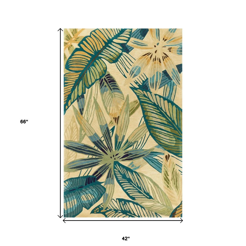 8' X 10' Ivory Teal And Green Wool Tropical Botanical Hand Tufted Area Rug