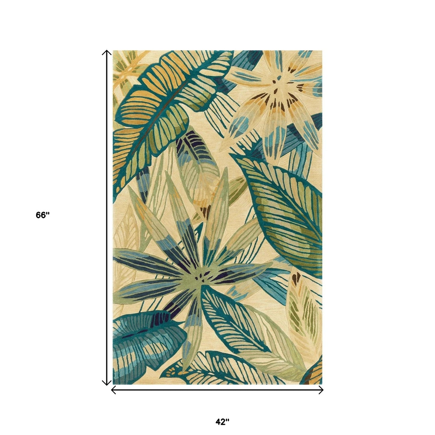 8' X 10' Ivory Teal Hand Tufted Tropical Leaves Indoor Area Rug