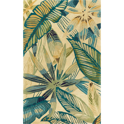 8' X 10' Ivory Teal And Green Wool Tropical Botanical Hand Tufted Area Rug