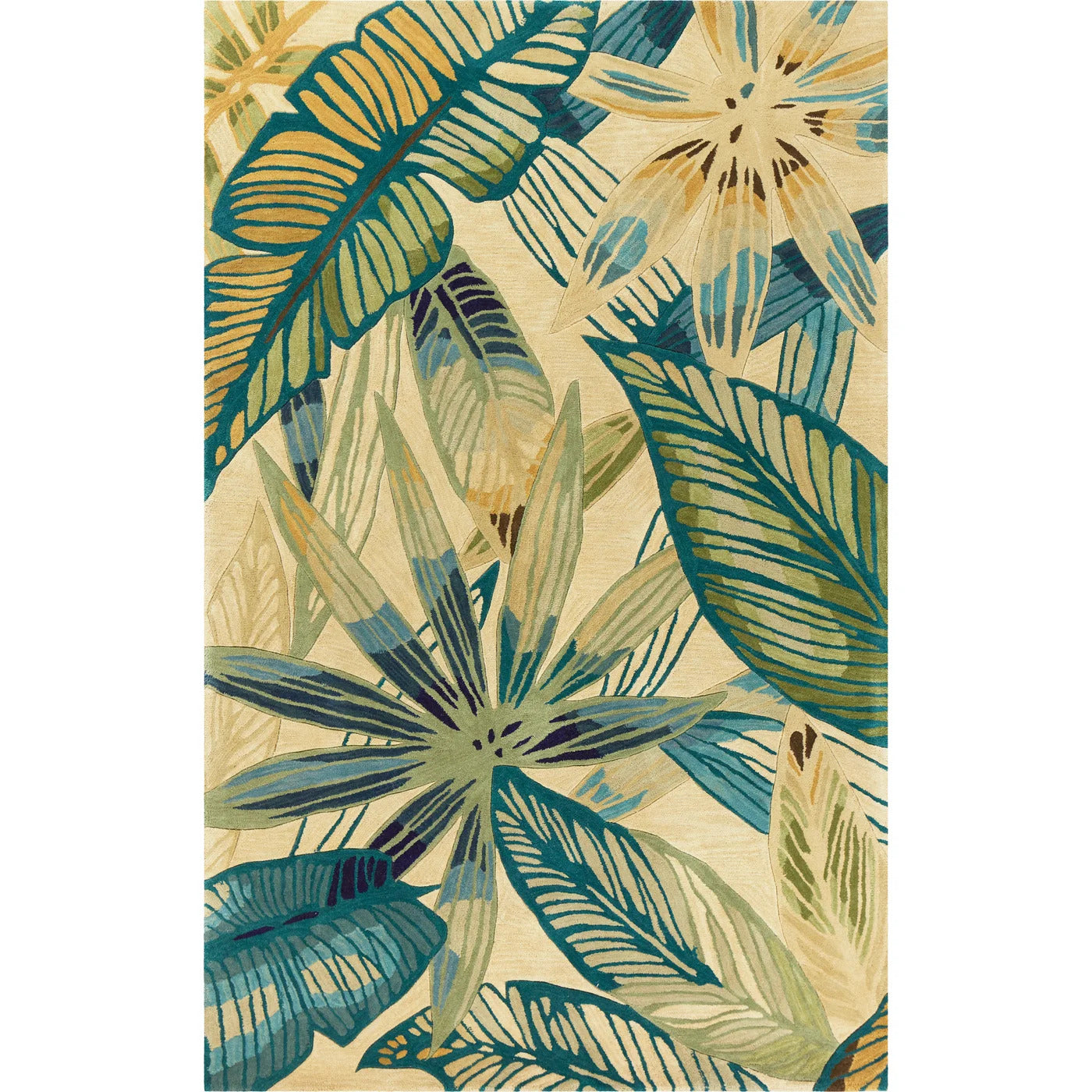 8' X 10' Ivory Teal Hand Tufted Tropical Leaves Indoor Area Rug