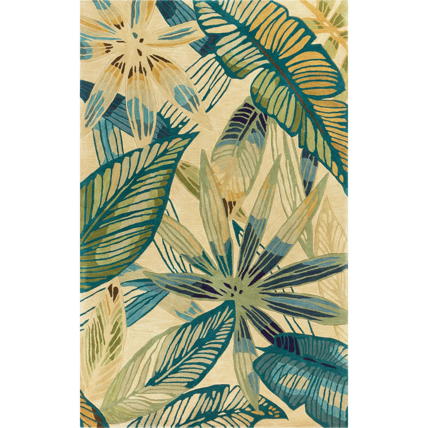 8' X 10' Ivory Teal Hand Tufted Tropical Leaves Indoor Area Rug