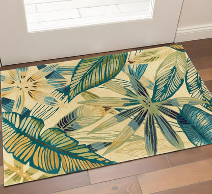 8' X 10' Ivory Teal And Green Wool Tropical Botanical Hand Tufted Area Rug