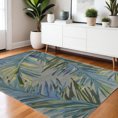 10' Gray And Blue Wool Tropical Botanical Hand Tufted Runner Rug