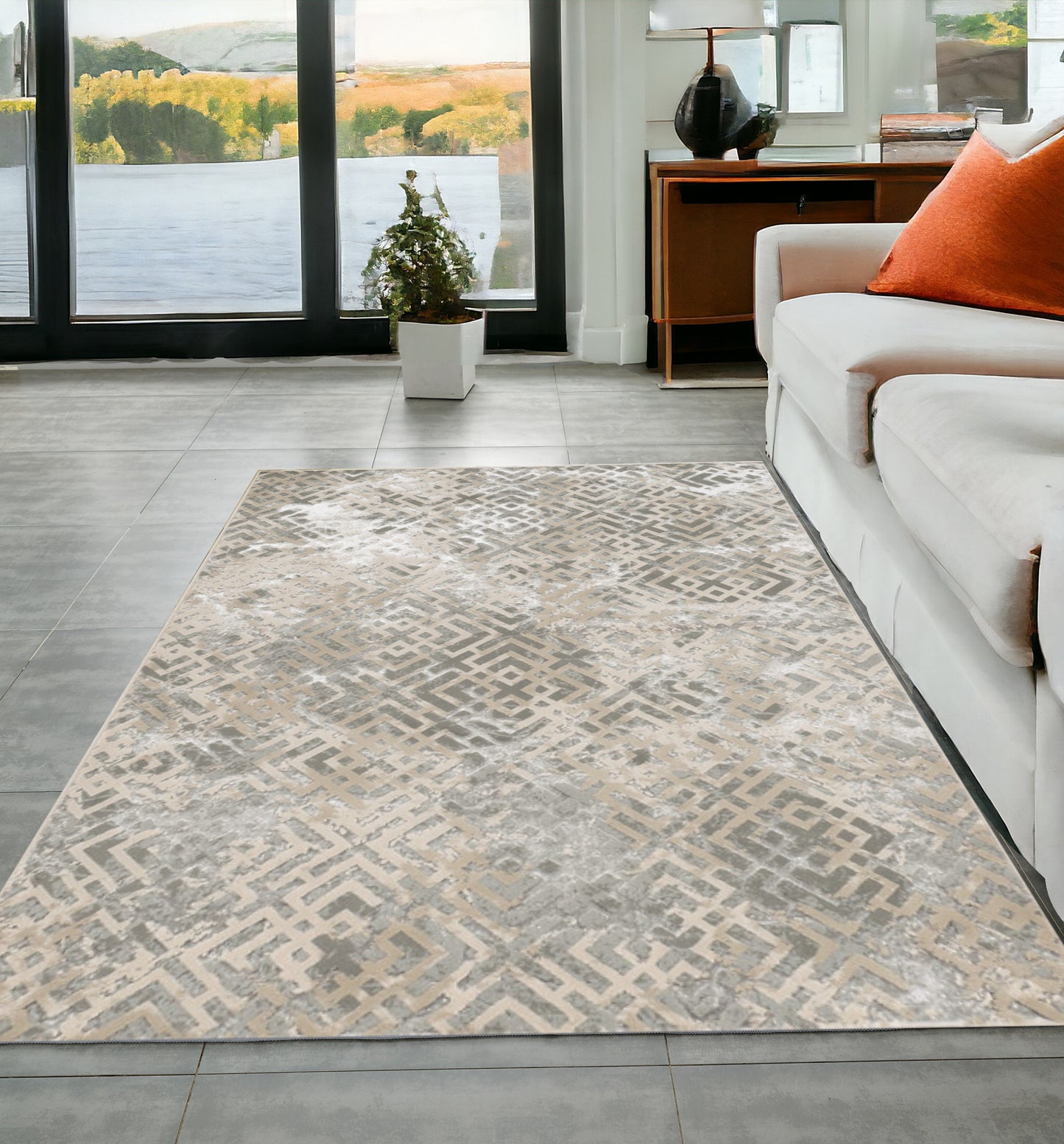 5' X 8' Sand Silver Geometric Maze Pattern Indoor Area Rug