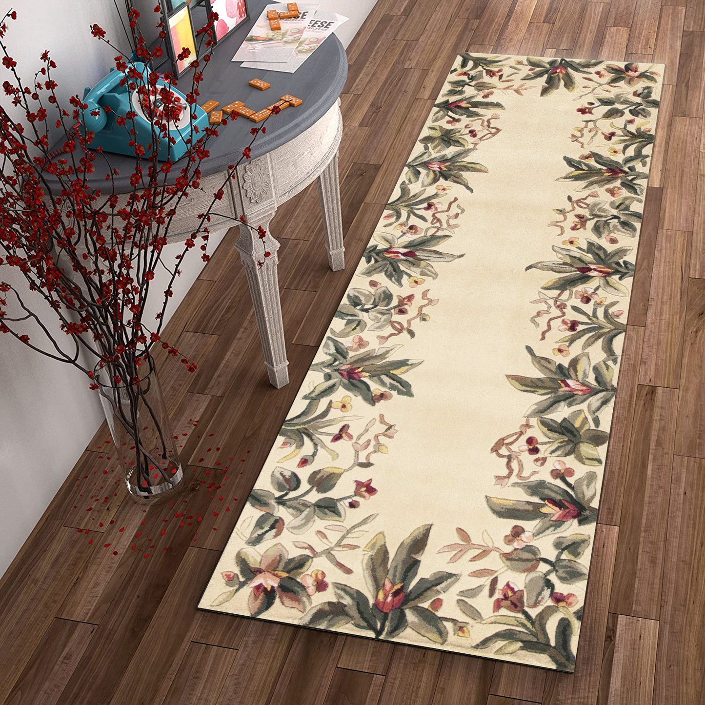 8' Ivory Wool Tropical Floral Hand Tufted Runner Rug