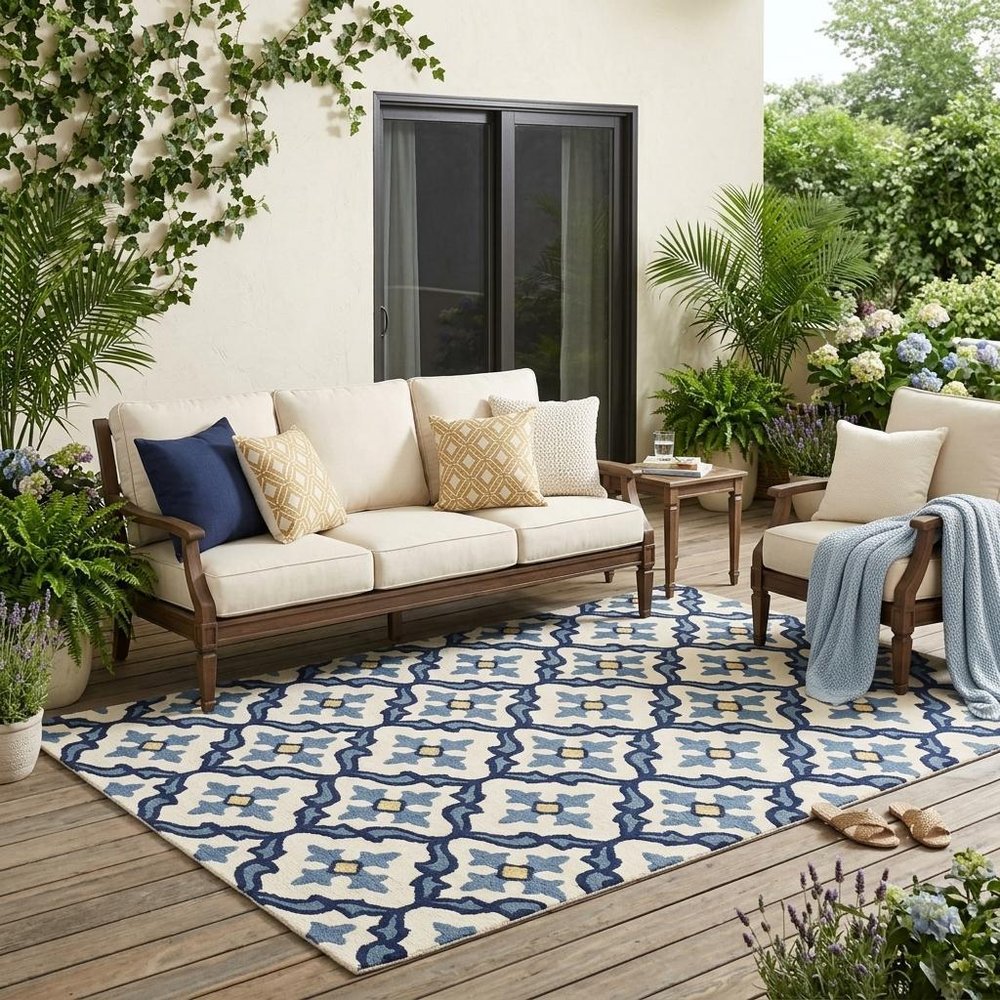 5' X 8' Ivory And Blue Moroccan Indoor Outdoor Area Rug