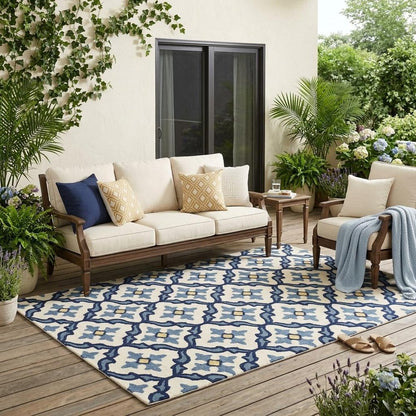 5' X 8' Ivory And Blue Moroccan Indoor Outdoor Area Rug
