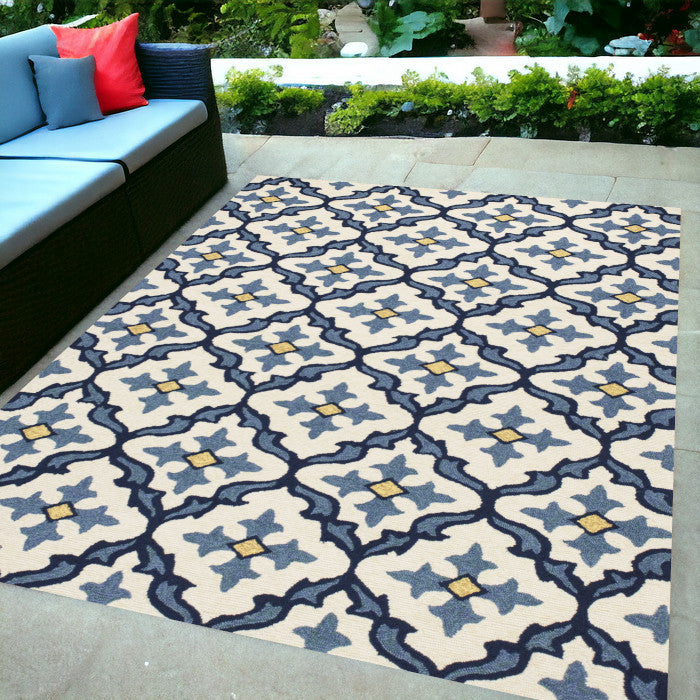 5' X 7' Ivory Or Blue Geometric Mosaic Indoor Outdoor Area Rug