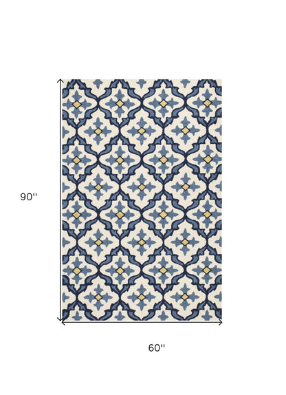 5' X 8' Ivory And Blue Moroccan Indoor Outdoor Area Rug