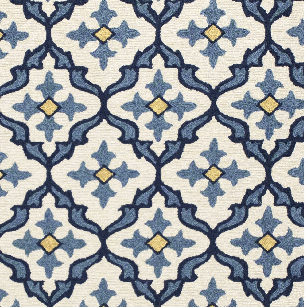 5' X 7' Ivory Or Blue Geometric Mosaic Indoor Outdoor Area Rug