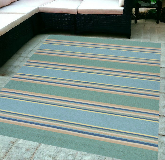 8' X 10' Blue Striped Handmade Indoor Outdoor Area Rug