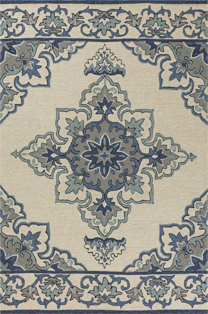 5' X 8' Ivory And Blue Damask Indoor Outdoor Area Rug