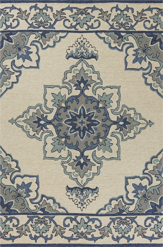 8' Round Gray and Ivory Round Damask Handmade Indoor Outdoor Area Rug