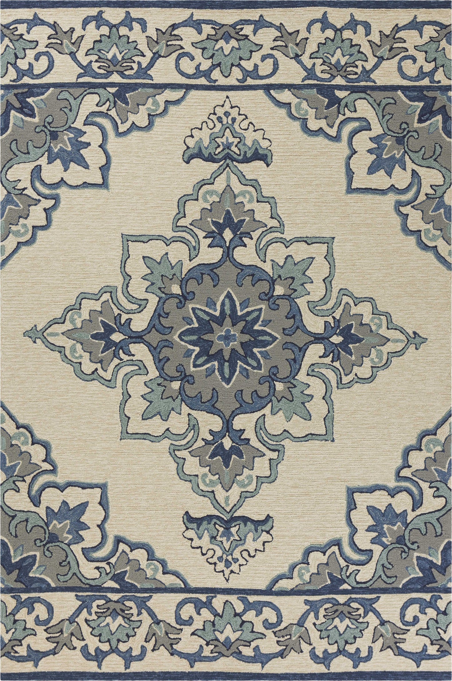 5' X 8' Ivory And Blue Damask Indoor Outdoor Area Rug