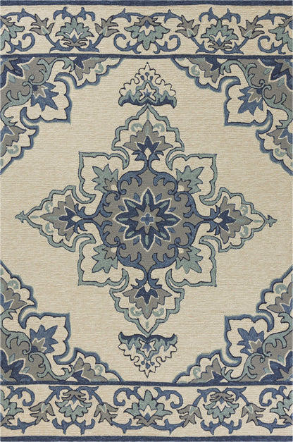 5' X 8' Ivory And Blue Damask Indoor Outdoor Area Rug