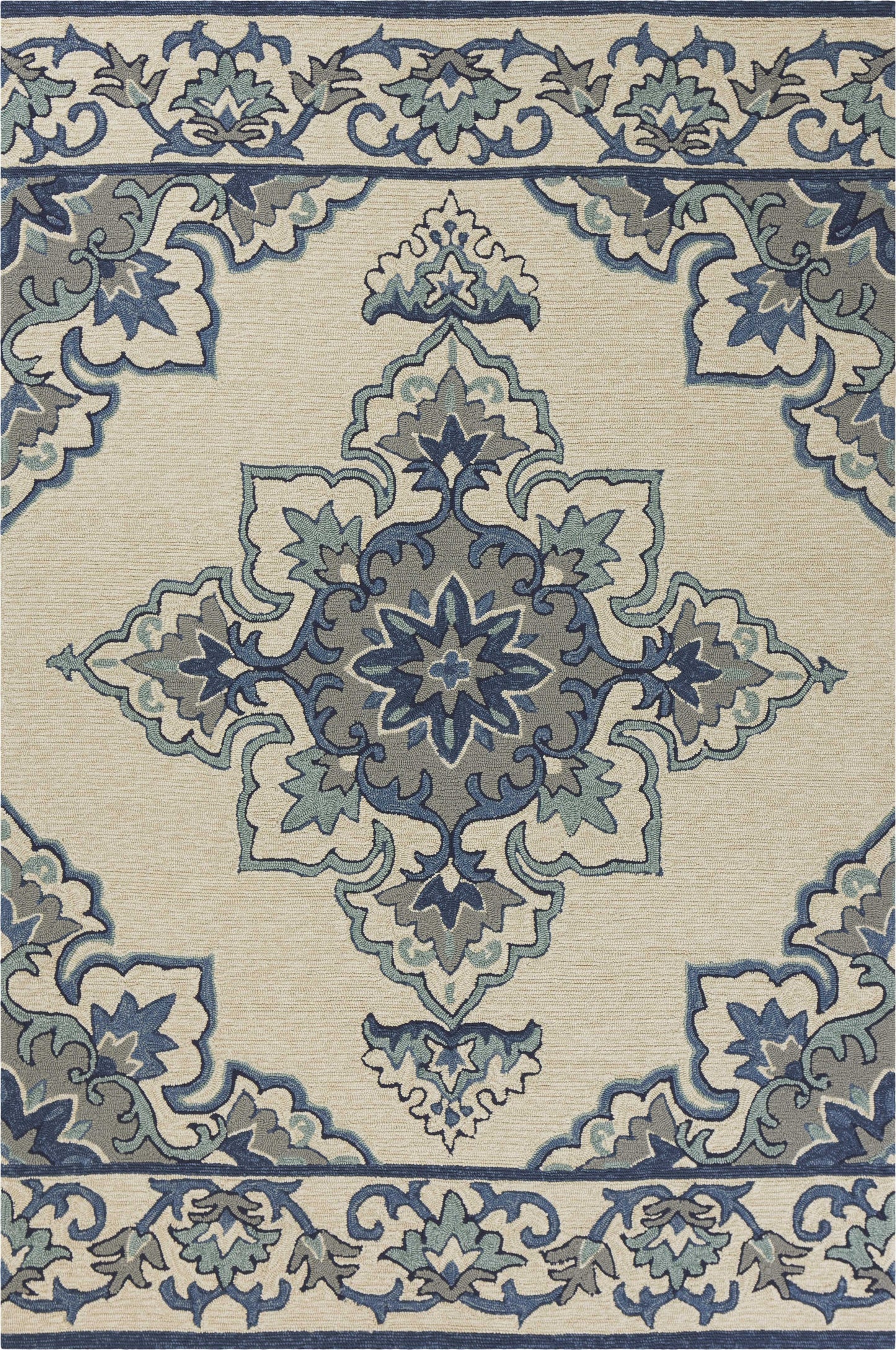 5' X 8' Ivory and Blue Damask Handmade Indoor Outdoor Area Rug