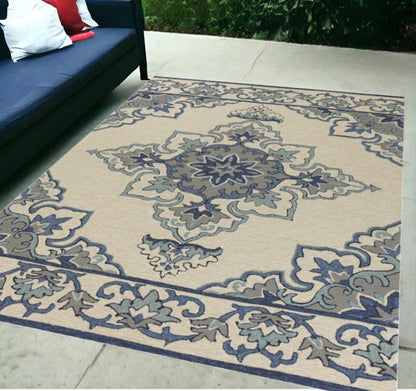 8' Round Gray and Ivory Round Damask Handmade Indoor Outdoor Area Rug