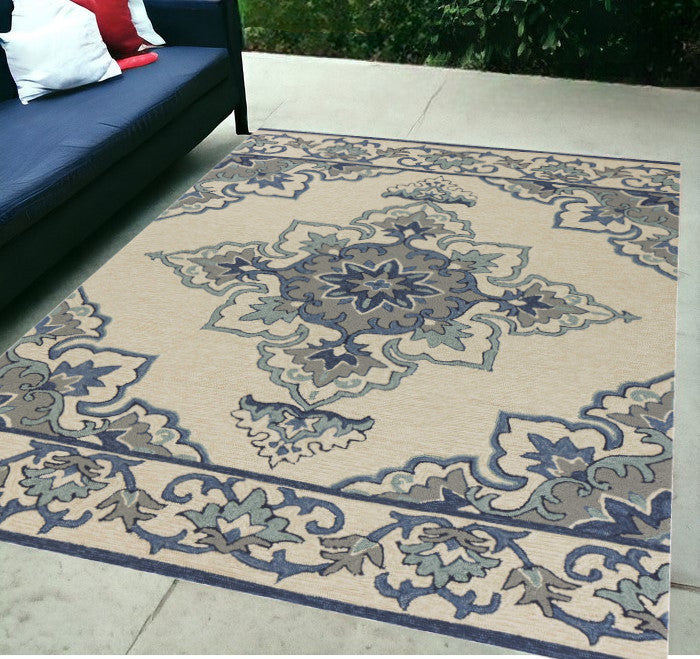 5' X 8' Ivory and Blue Damask Handmade Indoor Outdoor Area Rug