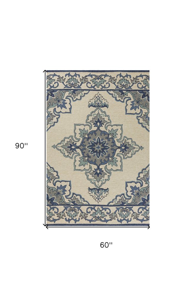 5' X 8' Ivory And Blue Damask Indoor Outdoor Area Rug